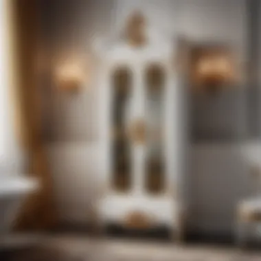 Vintage inspired white bathroom tower cabinet with ornate details