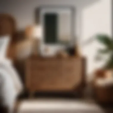 Modern Sophistication Stylish wicker dresser with minimalist decor in a contemporary bedroom