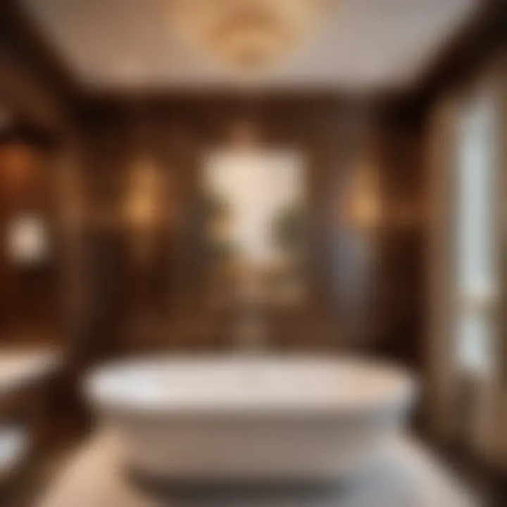 Opulent Wood Panel Tub Surround Luxurious wood panel tub surround with decorative accents