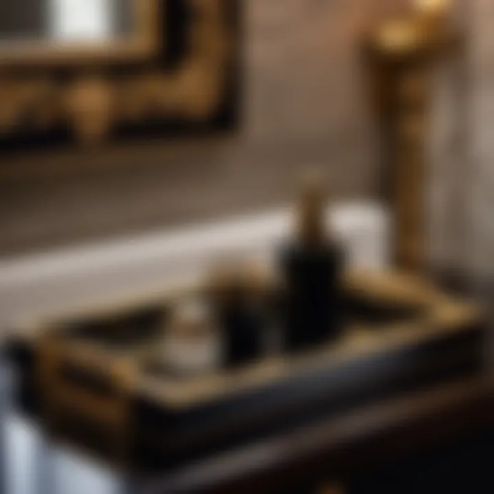 Luxurious ebony wood vanity tray with polished finish and gold accents