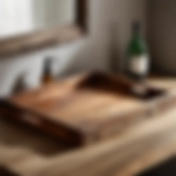 Rustic reclaimed wood vanity tray showcasing natural wood grains and knots
