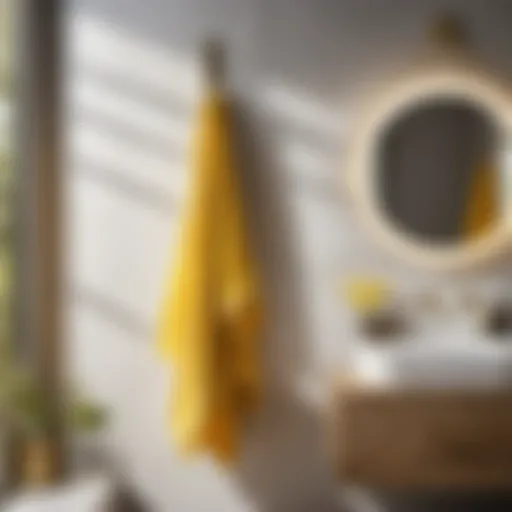 Bright yellow bath towel hanging on a sleek modern bathroom rack