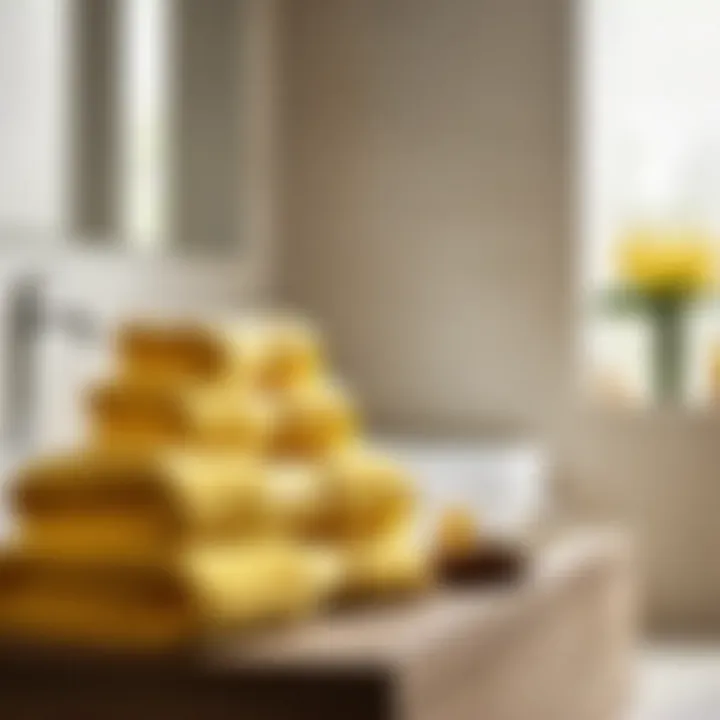 Create a Tranquil Sanctuary with Yellow Bath Towels Stack of yellow bath towels with spa accessories in a serene bathroom ambiance